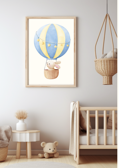 Digital Poster “Rabbit in a Hot Air Balloon” – Adventurous Journey in the Clouds