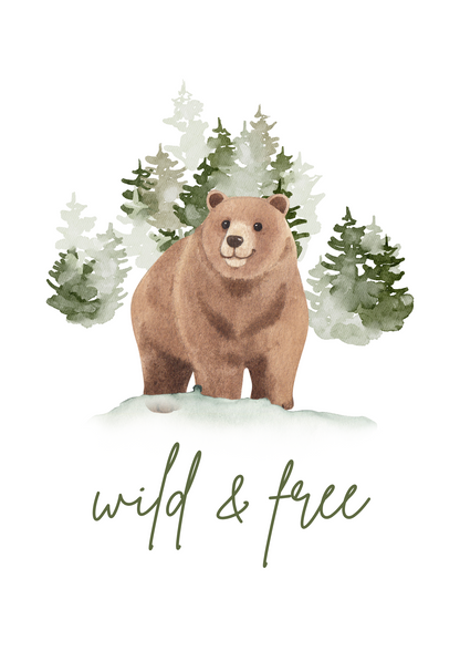 Digitales Poster „Wild and Free“ – Brauner Bär im freigeistigen Design