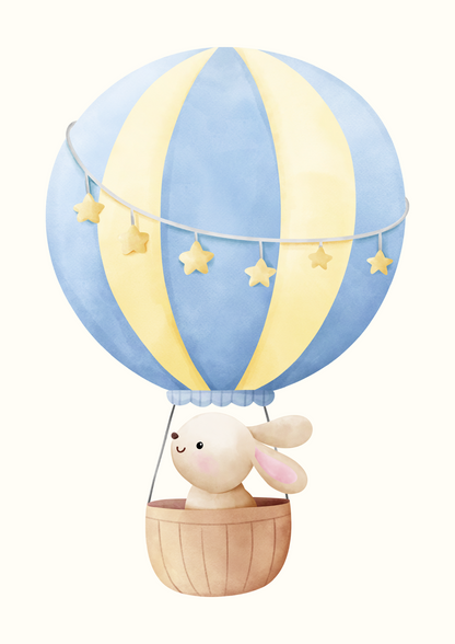 Digital Poster “Rabbit in a Hot Air Balloon” – Adventurous Journey in the Clouds